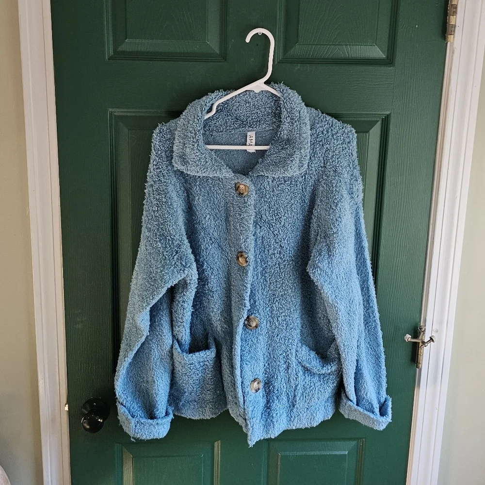 AMADI x Anthropologie Danika Fuzzy Teddy Sky Jacket Coat - Picture 4 of 11